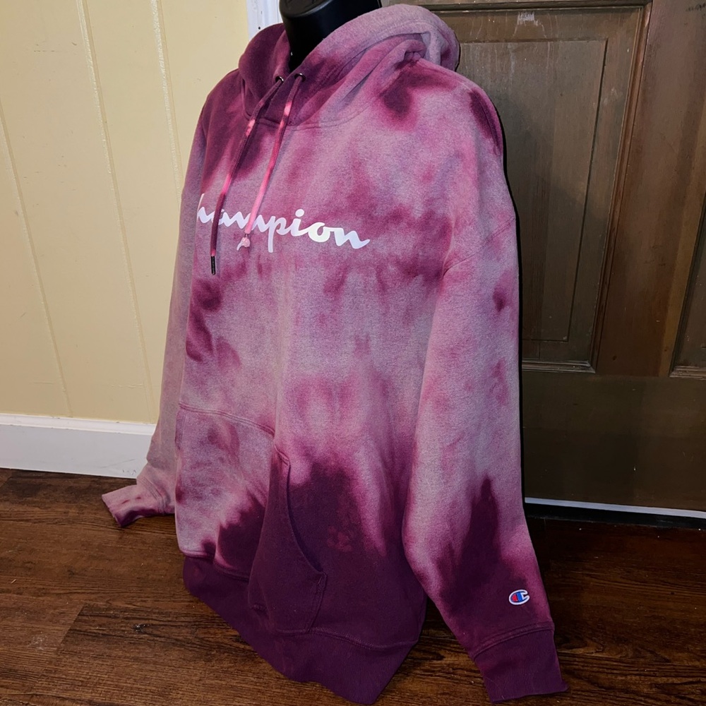 Champion Pink Gray Tie-Dye Logo Fleece Long Sleeve Cozy Pullover Hoodie Size 2XL - Picture 5 of 9